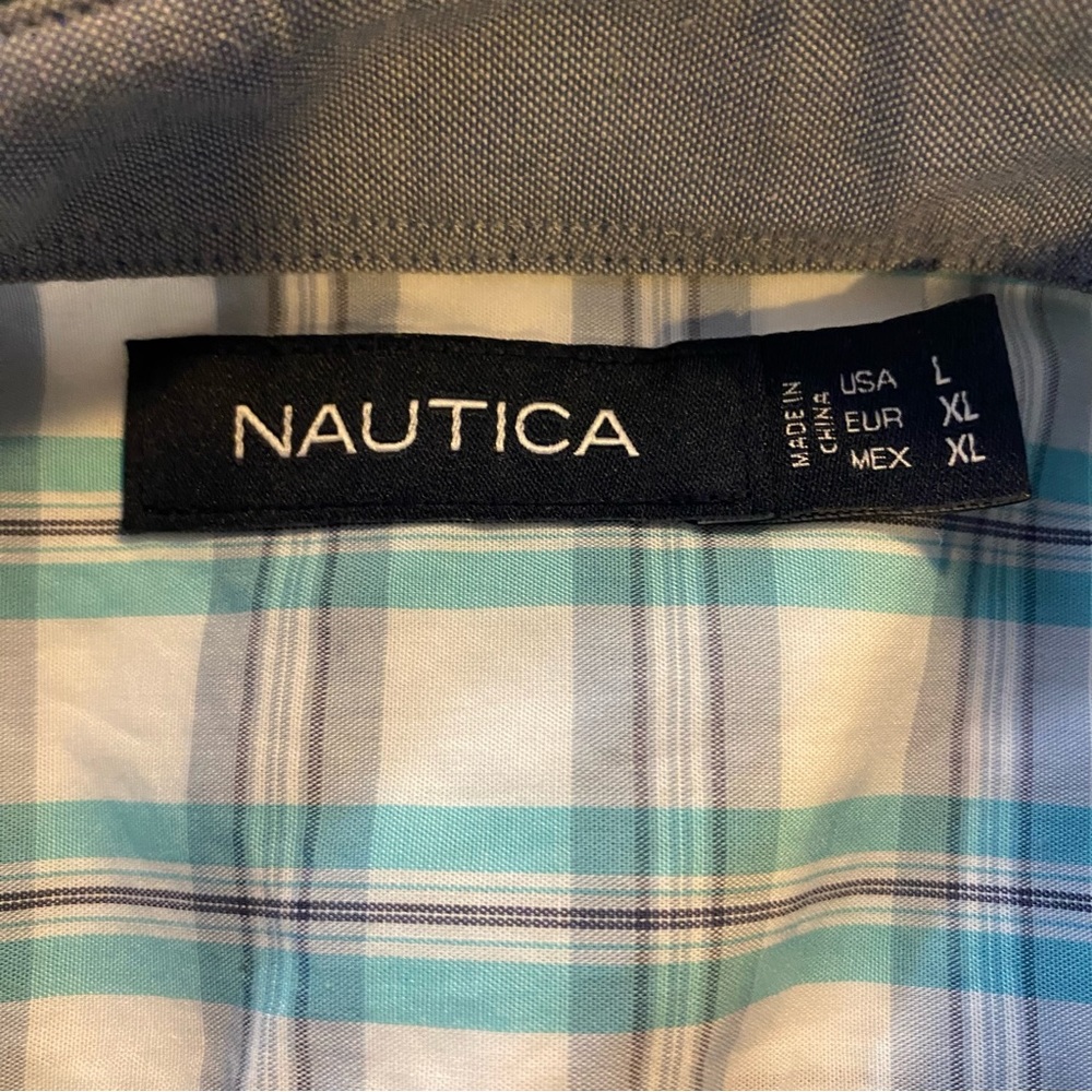 Nautica White Blue Green Button-down Long Sleeve front pocket Plaid Shirt Sz L - Picture 4 of 7